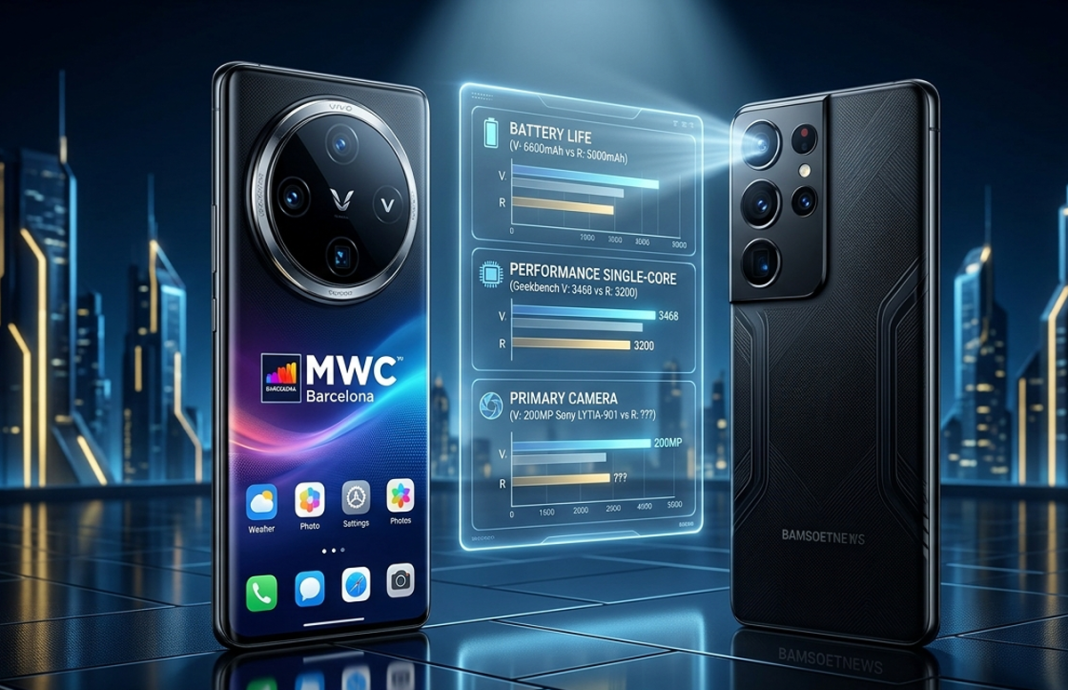 Komparasi visual Vivo X300 Ultra dengan salah satu rival terkuatnya. Gambar ini menonjolkan duel estetika modul kamera dan interface holografik yang membandingkan performa Geekbench serta baterai raksasa. (GEMINI)