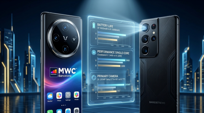 Komparasi Flagship ‘Dewa’ 2026: Vivo X300 Ultra Tantang Dominasi Samsung dan iPhone Komparasi visual Vivo X300 Ultra dengan salah satu rival terkuatnya. Gambar ini menonjolkan duel estetika modul kamera dan interface holografik yang membandingkan performa Geekbench serta baterai raksasa. (GEMINI)