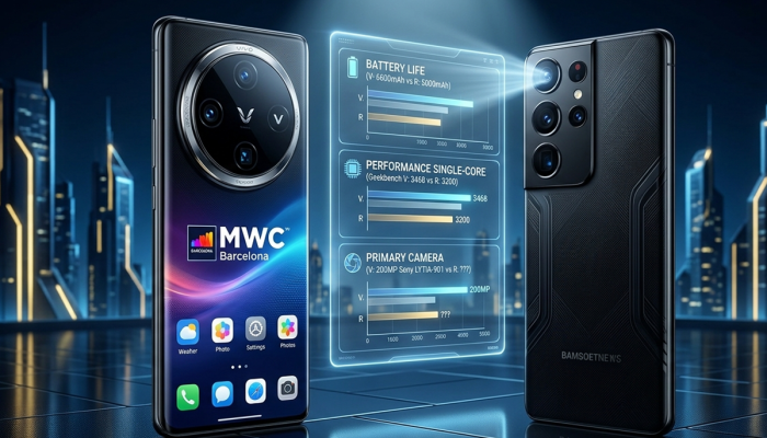 Komparasi visual Vivo X300 Ultra dengan salah satu rival terkuatnya. Gambar ini menonjolkan duel estetika modul kamera dan interface holografik yang membandingkan performa Geekbench serta baterai raksasa. (GEMINI)